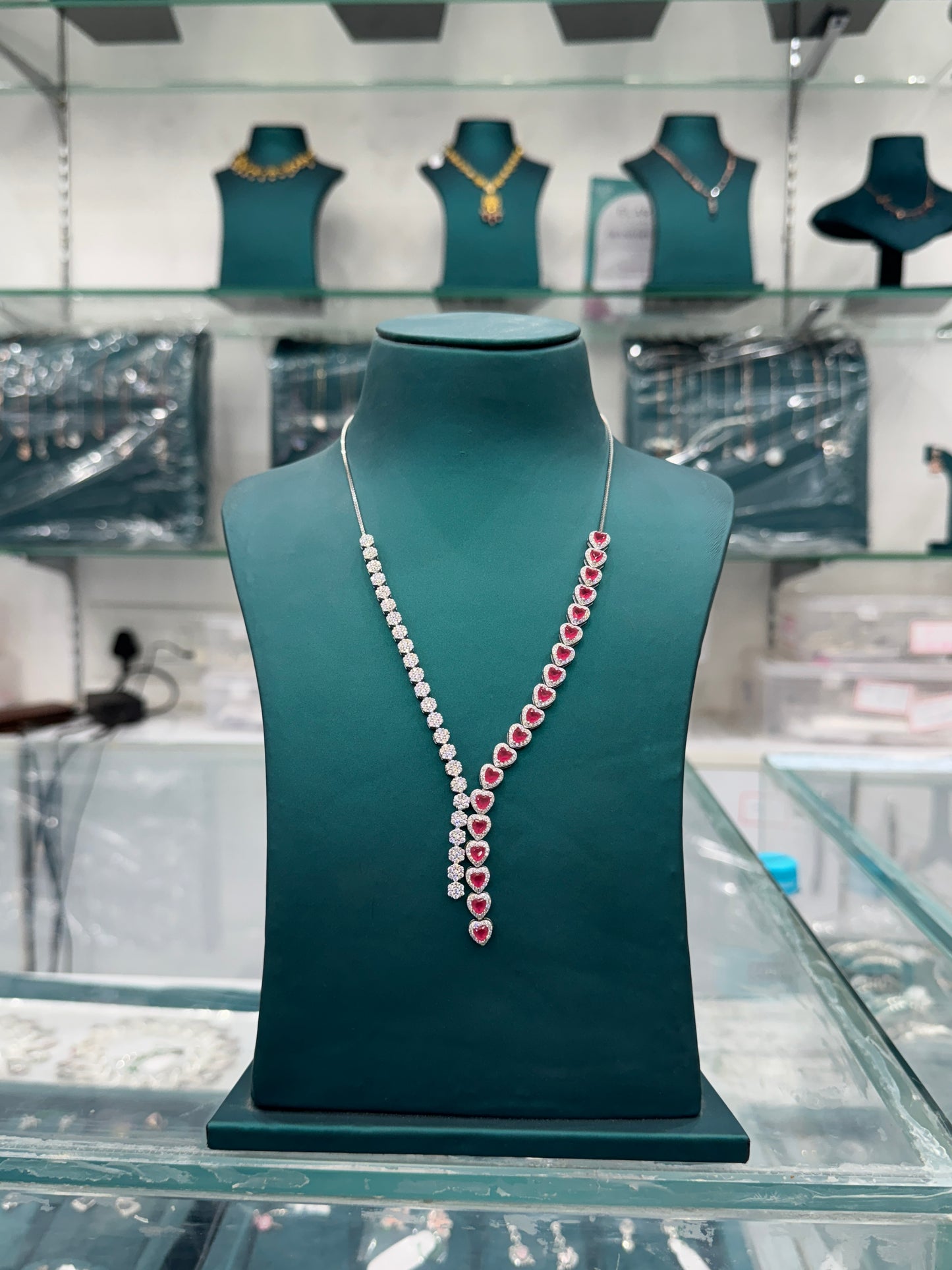 Elegant Ruby and Diamond look a like 925 silver jewellery Long Necklace