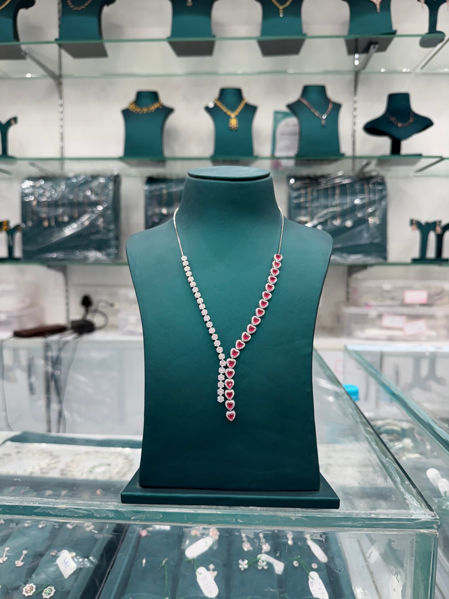 Elegant Ruby and Diamond look a like 925 silver jewellery Long Necklace