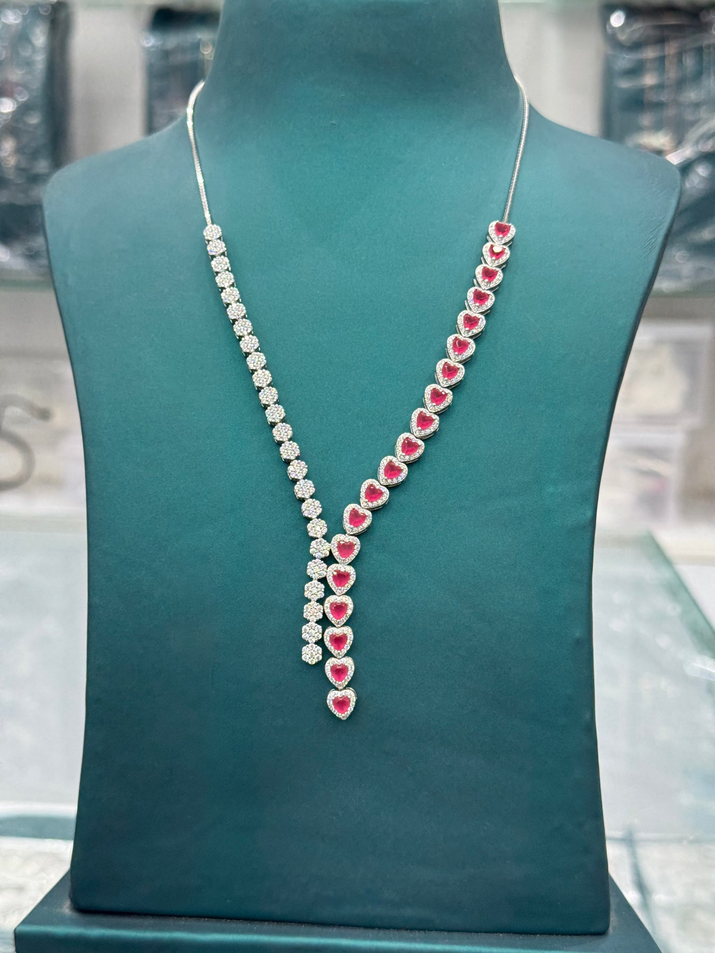 Elegant Ruby and Diamond look a like 925 silver jewellery Long Necklace