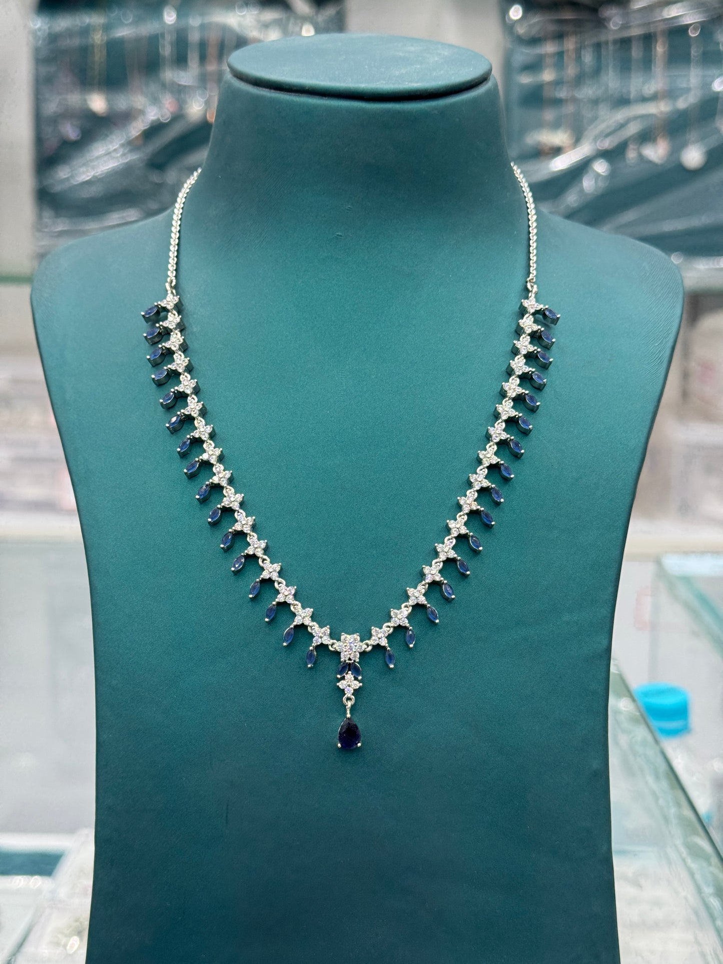Luxury Silver Necklace with Blue and White Gemstones
