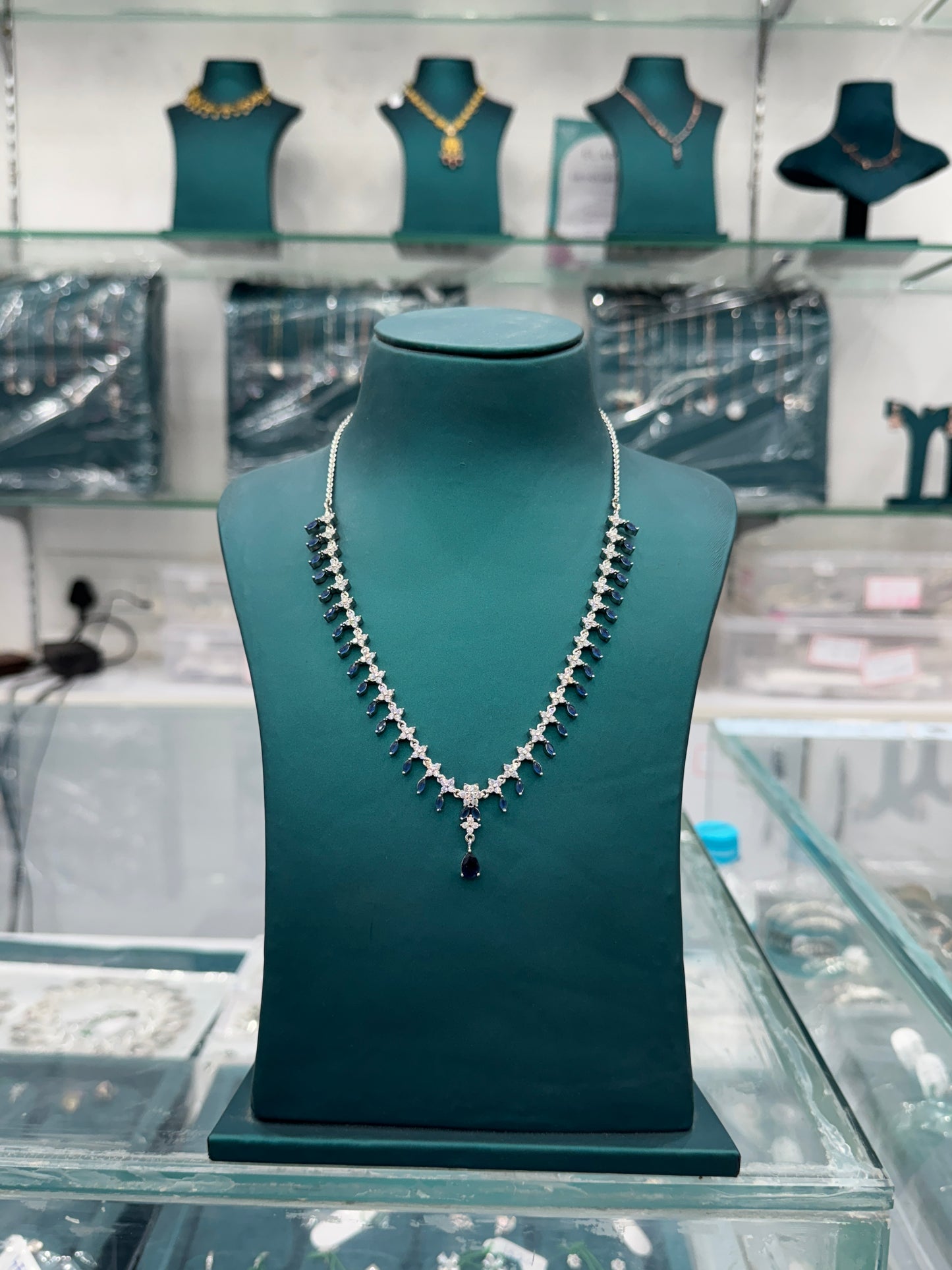 Luxury Silver Necklace with Blue and White Gemstones