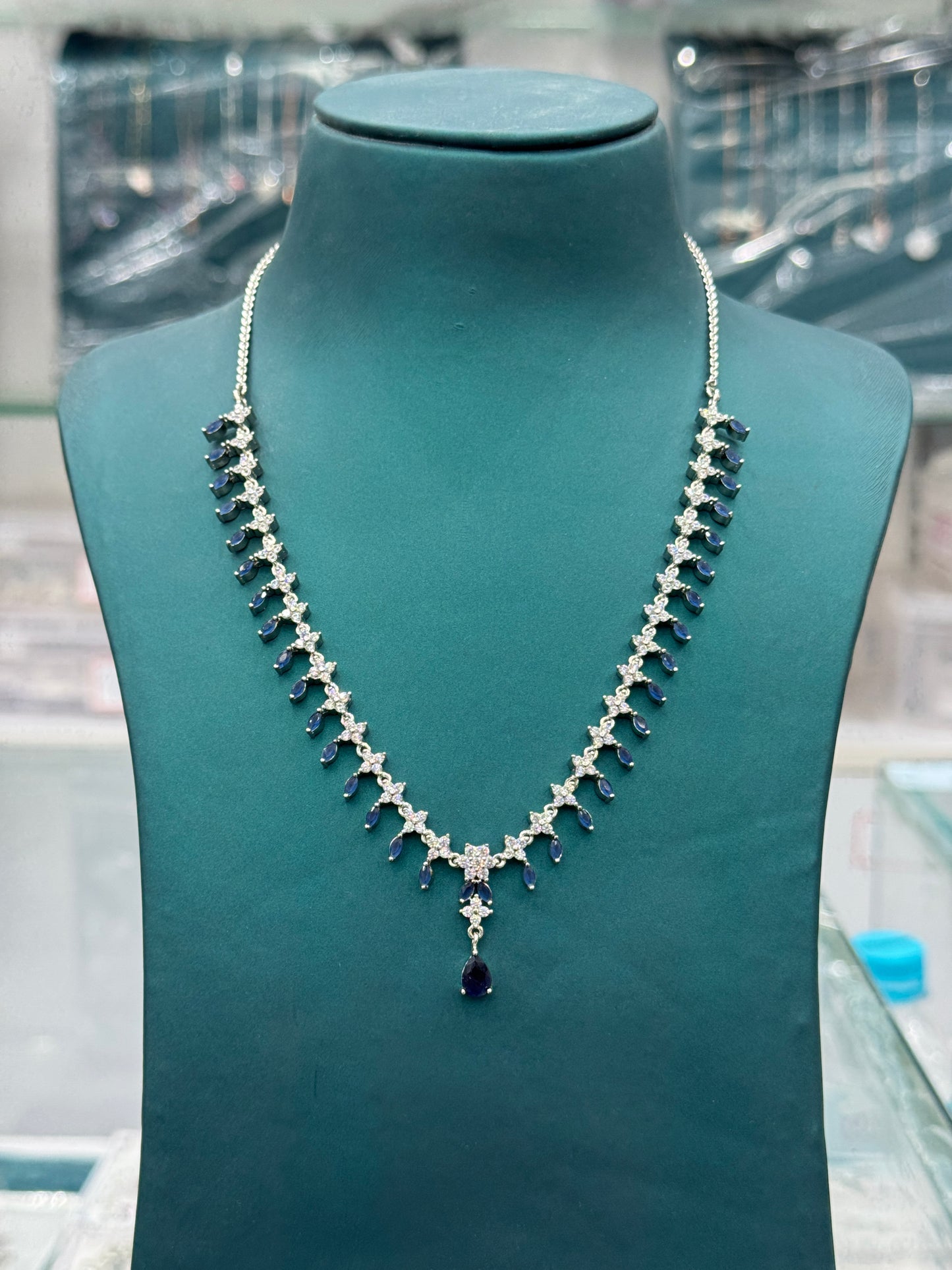 Luxury Silver Necklace with Blue and White Gemstones
